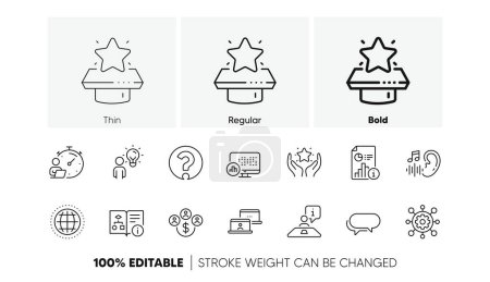Illustration for Ranking, Winner podium and Outsource work line icons. Pack of Timer, Buying currency, Framework icon. Report, Technical algorithm, Group people pictogram. Messenger, Report statistics, Hearing. Vector - Royalty Free Image