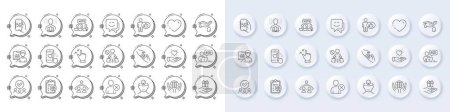 Illustration for Stop shopping, Presentation and Hold heart line icons. White pin 3d buttons, chat bubbles icons. Pack of Approved group, Organic tested, Smile face icon. Vector - Royalty Free Image