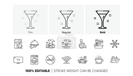 Illustration for Wi-Fi, Air conditioning and Coffee maker machine. Hotel service line icons. Spa stones, swimming pool and hotel parking icons. Linear set. Line icons set. Vector - Royalty Free Image