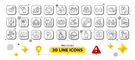 Social distance, Search puzzle and Group line icons pack. 3d design elements. Do not touch, Click hand, Disability web icon. Helping hand, Court jury, Farsightedness pictogram. Vector