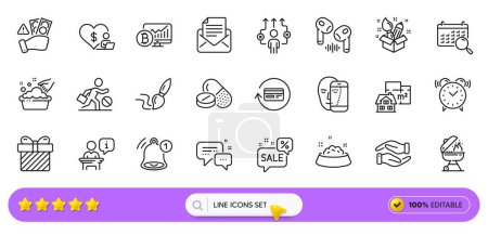 Illustration for Creativity, Podium and Hand washing line icons for web app. Pack of Headphone, Fraud, Volunteer pictogram icons. Refund commission, Jobless, Surprise signs. Search calendar, Dog feeding, Grill. Vector - Royalty Free Image