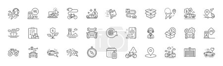 Illustration for Airplane, Lighthouse and Pin line icons. Pack of Gas station, Bike attention, World globe icon. Journey, Parking garage, Travel compass pictogram. Tracking parcel, Baggage calendar. Line icons. Vector - Royalty Free Image