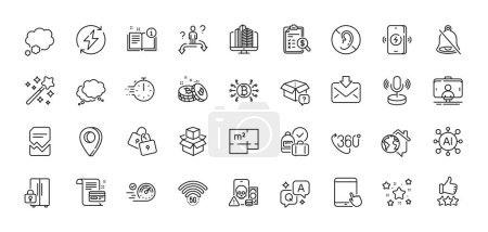 Illustration for Locks, Selfie stick and Renewable power line icons pack. AI, Question and Answer, Map pin icons. Speech bubble, Talk bubble, Manual web icon. Speedometer, Payment card, Mute pictogram. Vector - Royalty Free Image