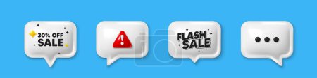 Illustration for Offer speech bubble 3d icons. Sale 30 percent off discount. Promotion price offer sign. Retail badge symbol. Sale chat offer. Flash sale, danger alert. Text box balloon. Vector - Royalty Free Image
