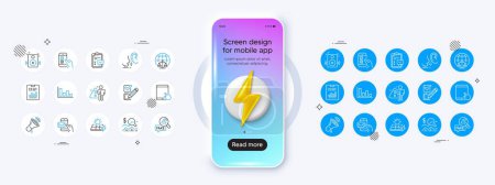 Report document, Checklist and Solar panels line icons. Phone mockup with 3d energy icon. Pack of Whisper, Mobile survey, Messenger mail icon. Vector