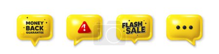 Illustration for Offer speech bubble 3d icons. Money back guarantee tag. Promo offer sign. Advertising promotion symbol. Money back guarantee chat offer. Flash sale, danger alert. Text box balloon. Vector - Royalty Free Image
