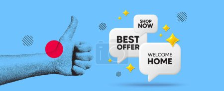 Illustration for Hand showing thumb up like sign. Welcome home tag. Home invitation offer. Hello guests message. Welcome home chat 3d speech bubble. Grain dots hand. Like thumb up sign. Shop now. Vector - Royalty Free Image