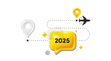 Journey path position 3d pin. 2025 year icon. Event schedule annual date. 2025 annum planner. 2025 message. Chat speech bubble, place banner. Yellow text box. Vector