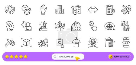 Star, Innovation and Dry t-shirt line icons for web app. Pack of Loyalty points, Money, Timer pictogram icons. Ranking, Justice scales, Bicycle lockers signs. Fair trade. Search bar. Vector