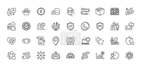Illustration for Spf protection, Dating and Packing boxes line icons pack. AI, Question and Answer, Map pin icons. 5g statistics, Storage, Buying house web icon. Confirmed, Vip chip, Decreasing graph pictogram. Vector - Royalty Free Image