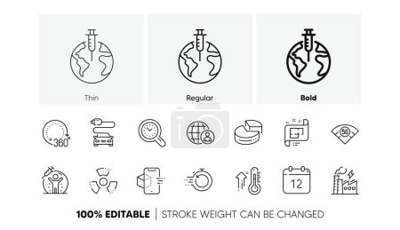Illustration for High thermometer, Car charge and Augmented reality line icons. Pack of Pie chart, Electricity factory, International recruitment icon. Pandemic vaccine, Time management. Line icons. Vector - Royalty Free Image