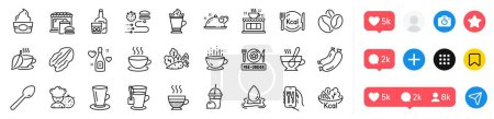 Ilustración de Aplicación de restaurante, granos de café y paquete de iconos de la línea de la taza de té. Iconos de redes sociales. Helado, Café, Whiskey glass web icon. Cafetería, Chef, Pictograma de batido de helado. Vector - Imagen libre de derechos