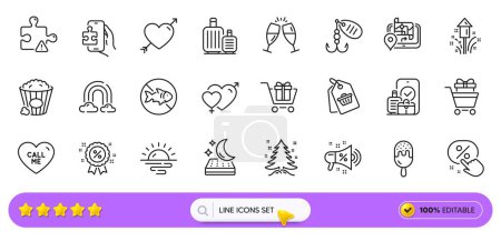 Illustration for Sale tag, Ice cream and Puzzle line icons for web app. Pack of Discount button, Fireworks, Rainbow pictogram icons. Gps, Sale megaphone, Discount signs. Stop fishing, Shopping cart. Search bar. Vector - Royalty Free Image