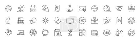 Illustration for Green energy, Delivery and Contactless payment line icons. Pack of Water bottle, Computer, Medical helicopter icon. Business results, Attention, Cash pictogram. Money currency. Line icons. Vector - Royalty Free Image