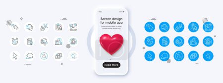 Phone mockup with 3d heart icon. Fingerprint, Outsource work and Inspect line icons. Pack of Dots message, Filling station, Cursor icon. Alarm clock, Cyber attack, Teamwork pictogram. Vector