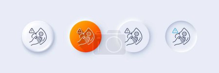 Dont touch face mask line icon. Neumorphic, Orange gradient, 3d pin buttons. Hand warning sign. Medical mask hygiene notification symbol. Line icons. Neumorphic buttons with outline signs. Vector