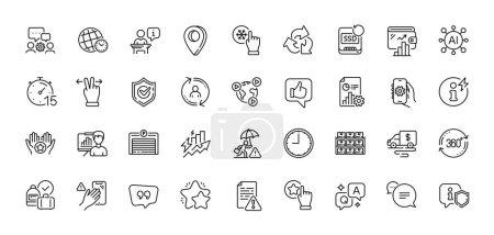 Illustration for Consumption growth, User info and Video conference line icons pack. AI, Question and Answer, Map pin icons. Full rotation, Freezing click, Like web icon. Dont touch, Shield, Timer pictogram. Vector - Royalty Free Image
