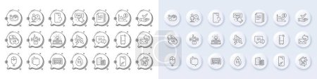 Ilustración de Transmisor, Mensajero y Smartphone iconos de línea rota. Botones blancos del perno 3d, iconos de las burbujas del chat. Pack de Refrigerador, Comentario, Icono de recuperación de Smartphone. Vector - Imagen libre de derechos