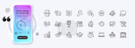 New mail, Volunteer and Puzzle game line icons for web app. Phone mockup gradient screen. Pack of Employee, Deckchair, Notebook pictogram icons. Agreement document, Hook, 360 degrees signs. Vector
