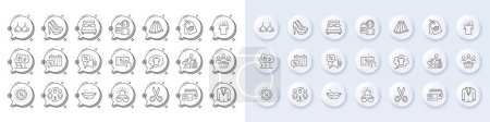 Illustration for Best glasses, T-shirt and Skirt line icons. White pin 3d buttons, chat bubbles icons. Pack of Pillows, Baggage, Deckchair icon. Lips, Bra, Discount pictogram. Buying process, Dry t-shirt, Suit. Vector - Royalty Free Image