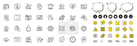 Ilustración de Conjunto de Luna, Yoga y Podcast iconos de línea para la aplicación web. Elementos de diseño, iconos de redes sociales. Hora, código Qr, iconos de signo de interrogación. Gráfico gráfico, computación en la nube, signos del día del medio ambiente. Vector - Imagen libre de derechos