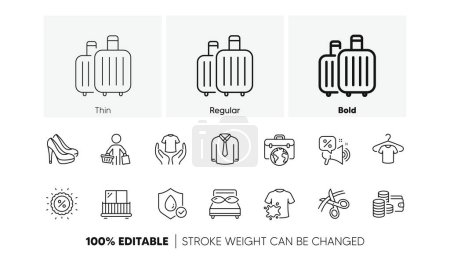 Buyer, Discounts offer and Balcony line icons. Pack of Discount, Hold t-shirt, Waterproof icon. Dirty t-shirt, Baggage, Wallet pictogram. Scissors, Pillows, Shoes. Shirt, Businessman case. Vector
