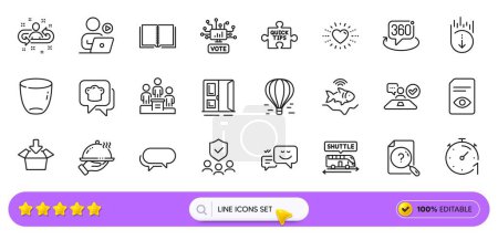 Get box, Search document and Book line icons for web app. Pack of Restaurant food, Happy emotion, Shuttle bus pictogram icons. Glass, Open door, Quick tips signs. Fishfinder, Scroll down. Vector