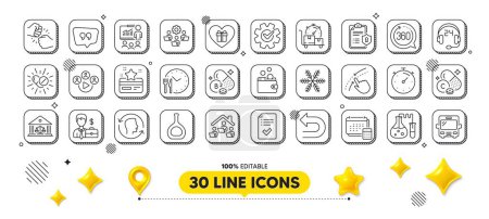 Illustration for Timer, Wallet money and Cogwheel line icons pack. 3d design elements. Cognac bottle, Food time, Swipe up web icon. Bus, Presentation, Riboflavin vitamin pictogram. Vector - Royalty Free Image