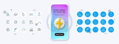 Illustration for Touchscreen gesture, Uv protection and Floor lamp line icons. Phone mockup with 3d energy icon. Pack of Stop shopping, Medical phone, Photo camera icon. Bell, Documents, Avatar pictogram. Vector - Royalty Free Image