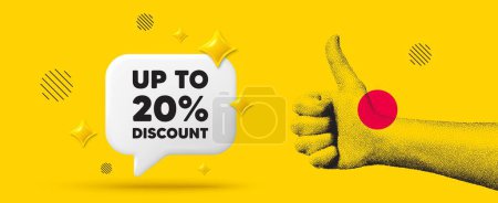 Illustration for Hand showing thumb up like sign. Up to 20 percent discount. Sale offer price sign. Special offer symbol. Save 20 percentages. Discount tag chat box 3d message. Grain dots hand. Vector - Royalty Free Image