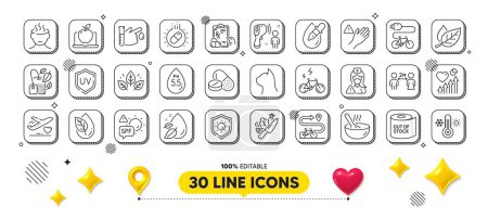 Illustration for Pets care, Uv protection and Organic tested line icons pack. 3d design elements. Stress, Laptop, Prescription drugs web icon. Mint bag, Blood donation, Toilet paper pictogram. Vector - Royalty Free Image