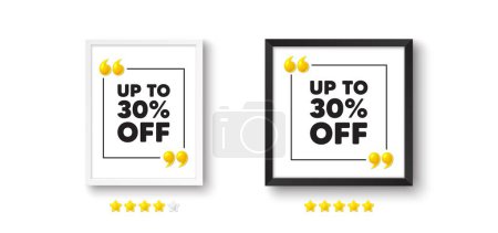 Illustration for Photo frame with 3d quotation icon. Up to 30 percent off sale. Discount offer price sign. Special offer symbol. Save 30 percentages. Discount tag chat message. Picture frame wall. Vector - Royalty Free Image