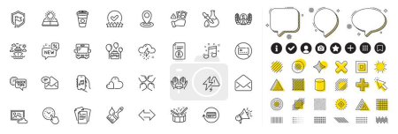 Set of Squad, Quick tips and Lightning bolt line icons for web app. Design elements, Social media icons. Refund commission, Shield, Location icons. Technical info, Ship travel, Mail signs. Vector