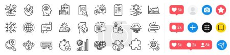 Ilustración de Producto orgánico, código Qr y paquete de iconos de la línea Windmill. Iconos de redes sociales. Estadísticas de Coronavirus, Intestino, Potencia icono web. Análisis médicos, dinero mundial, pictograma de rompecabezas. Vector - Imagen libre de derechos