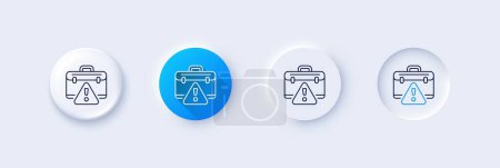 Illustration for Warning briefcase line icon. Neumorphic, Blue gradient, 3d pin buttons. Attention triangle sign. Caution diplomat symbol. Line icons. Neumorphic buttons with outline signs. Vector - Royalty Free Image