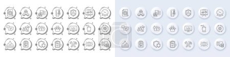 Illustration for Shields, Leadership and Card line icons. White pin 3d buttons, chat bubbles icons. Pack of Text message, Waterproof, Seo file icon. Biometric eye, Refrigerator, Internet documents pictogram. Vector - Royalty Free Image