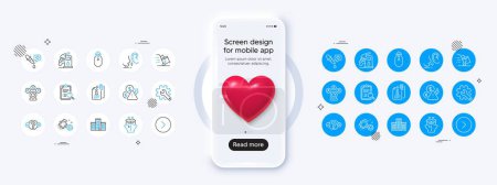 Illustration for Phone mockup with 3d heart icon. Customisation, Ship and Delivery cart line icons. Pack of Chemistry pipette, Search analysis, Deflation icon. Video conference, Whisper, Forward pictogram. Vector - Royalty Free Image