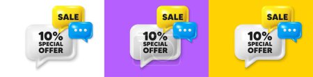 Chat speech bubble 3d icons. 10 percent discount offer tag. Sale price promo sign. Special offer symbol. Discount chat text box. Speech bubble banner. Offer box balloon. Vector