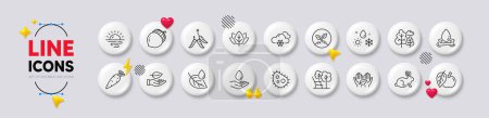 Weather, Sunrise and Leaf line icons. White buttons 3d icons. Pack of Water splash, Acorn, Deckchair icon. Animal tested, Organic tested, Snow weather pictogram. Bacteria, Leaf dew, Fair trade. Vector
