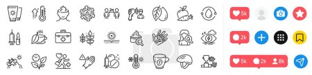 Illustration for Stress, Coronavirus and Mental conundrum line icons pack. Social media icons. Medical drugs, Mountain bike, High thermometer web icon. Use gloves, Sunscreen, Social distancing pictogram. Vector - Royalty Free Image