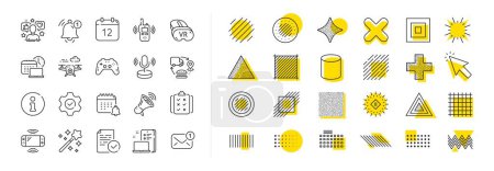 Illustration for Game console, Joystick gamepad and Quiz report set. Design shape elements. Tech line icons. Microphone tech, Radio set and Report reminder icons. Annual calendar, supply chain and notice alert. Vector - Royalty Free Image