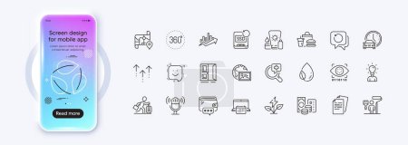 Book car, Leaf dew and Web photo line icons for web app. Phone mockup gradient screen. Pack of Open door, Travel delay, Documents pictogram icons. Vector