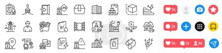 Illustration for Algorithm, Home charging and Entrance line icons pack. Social media icons. Brush, Charging station, Lighthouse web icon. Power certificate, Engineer, Buildings pictogram. Vector - Royalty Free Image
