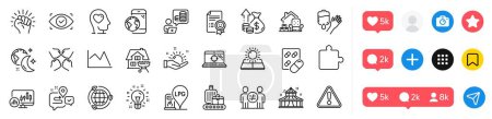 Illustration for Line chart, Inflation and Puzzle line icons pack. Social media icons. Mobile internet, Seo laptop, Home grill web icon. Baggage belt, Budget accounting, Smile pictogram. Vector - Royalty Free Image