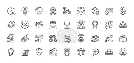 Illustration for Honor, Timer and Best rank line icons pack. AI, Question and Answer, Map pin icons. Yoga, Sports arena, Best result web icon. Bicycle parking, Bicycle helmet, Winner pictogram. Vector - Royalty Free Image