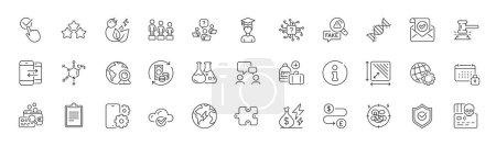 Illustration for Fake news, Chemistry dna and Video conference line icons. Pack of Teamwork question, Phone service, Student icon. Puzzle, Approved shield, Electricity pictogram. Judge hammer. Line icons. Vector - Royalty Free Image
