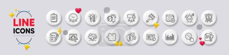 Illustration for Copyright, Creativity and Internet line icons. White buttons 3d icons. Pack of Puzzle, Meeting time, Brush icon. Job interview, People chatting, Reward pictogram. Vector - Royalty Free Image