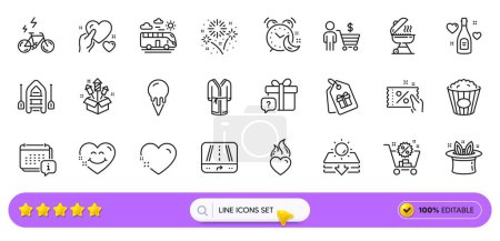 Illustration for Popcorn, Calendar and Hold heart line icons for web app. Pack of Fireworks rocket, Buyer, Sun protection pictogram icons. Bathrobe, Ice cream, Discount coupon signs. Secret gift, Heart. Vector - Royalty Free Image