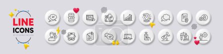 Illustration for Inflation, Salary and Bus line icons. White buttons 3d icons. Pack of Phone payment, Pin, Scroll down icon. Businessman run, Chat message, Microscope pictogram. Text message, Graph chart, Star. Vector - Royalty Free Image