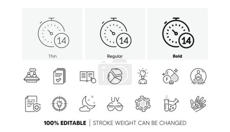 Illustration for Education, Night weather and Chemistry lab line icons. Pack of Coronavirus, Medical certificate, Idea icon. Quarantine, Veins, Fluorine mineral pictogram. Yoga, Handout, Pie chart. Line icons. Vector - Royalty Free Image